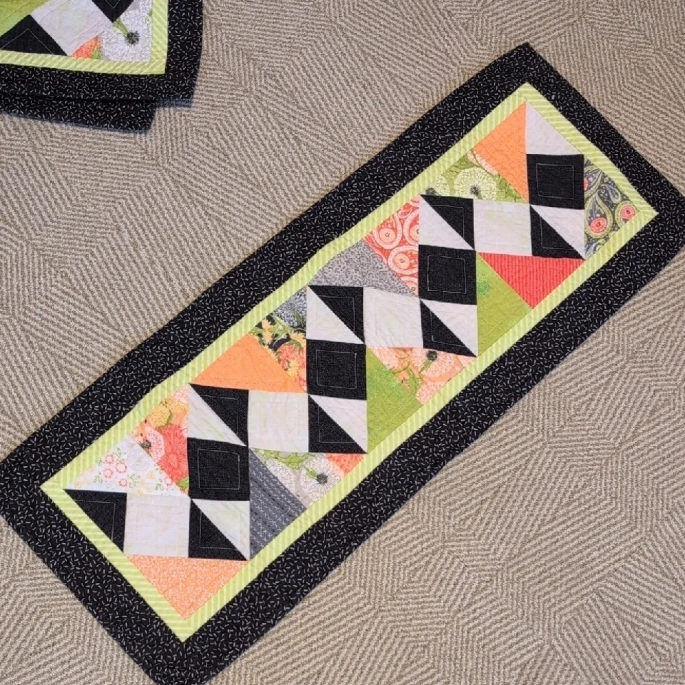 Handmade Bright Quilted Placemat & Table Runner Set Coral Lime Green Black